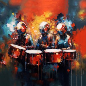 Groep muzikanten drummers die drums spelen, rockmuziek, digitale kunstafdruk door F. Abderrahim