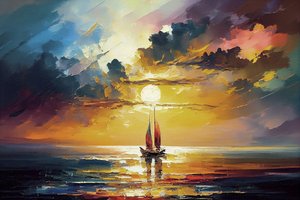 Zeilboot zeelandschap, oranje zonsondergang