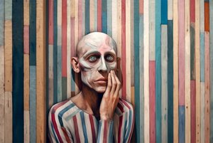 Surrealistisch schilderij van een verdrietige man geïnspireerd door Giorgio de Chirico door F. Abderrahim