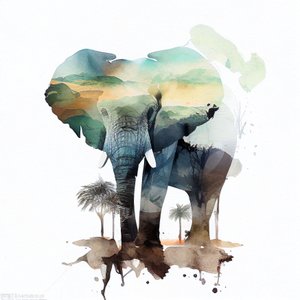 Aquarel olifantschilderij, Afrikaanse Savanne, vierkante muurkunstprints