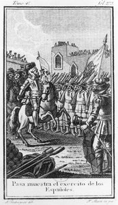 Hernando Cortes (1485-1547) inspecteert zijn troepen, gegraveerd door Antonio Rodriquez door F. Marti