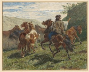 Hongaarse ruiter drijft een aantal paarden naar de achtergrond door F. Smithson