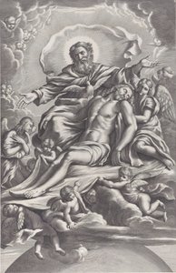 De Heilige Drie-eenheid, met de dode Christus in het midden omringd door engelen, God de Vader door F. de Louvement
