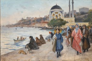 Mafalda aan de Oevers van de Bosporus, de Dolmabahce Moskee op de Achtergrond