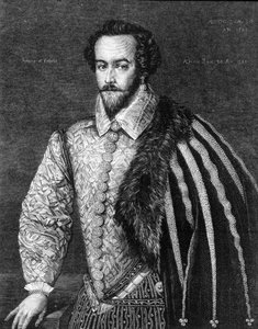 Portret van Sir Walter Raleigh (1554 - 1618), Engelse navigator, hoveling en schrijver. Gravure naar een schilderij toegeschreven aan Federico Zuccaro (of Zuccari) (1549 - 1609) uit 1588