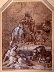 Religieuze allegorie, het verzamelen van het Manna en de Instelling van de Eucharistie