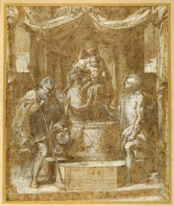 De Maagd en het Kind op een troon onder een baldakijn, met St. Rochus en St. Sebastiaan