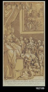 Keizer Hendrik IV (1050-1106) aan de voeten van Paus Gregorius VII (1020-85) gegraveerd door Nicolas Le Sueur (1691-1764) door Federico Zuccari or Zuccaro