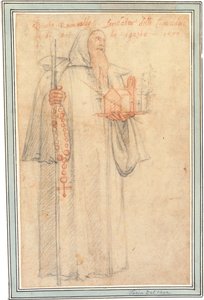 Fra Stefano, procurator van de Camaldolieten in Vallombrosa, als Sint Romuald, met een model van een kerk en een rozenkrans, 1577