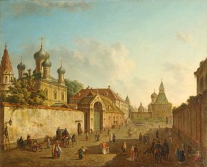Uitzicht vanaf het Lubyanka-plein naar de Vladimir-poort in Moskou, 1800s