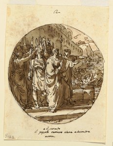 Plafondontwerp voor Numa Pompilius verwelkomd in Rome na zijn verkiezing, Sala di Numa Pompilio, Palazzo Milzetti, Faenza door Felice Giani