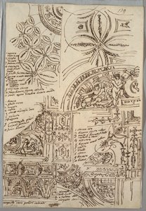 Decoratieve studies van plafonds met grotesken; studies van monument met pauselijk zegel, Sisto V door Felice Giani