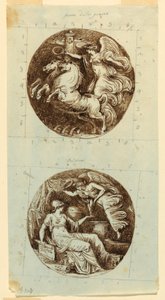 Tekening, Een gevleugelde overwinning op een strijdwagen; Een gevleugelde overwinning die Minerva kroont; twee rondellen, ca. 1805