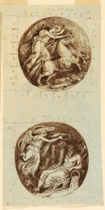 Tekening, Een gevleugelde overwinning op een strijdwagen; Een gevleugelde overwinning die een riviergod kroont, Reno; twee rondellen, ca. 1805