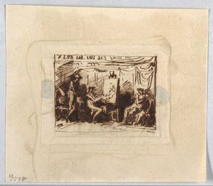 Figurale Scene met Kunstenaar die Vrouwelijke Figuur Tekent Terwijl Man van Achteren Kijkt