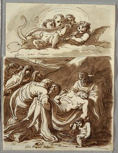 Vier putti maken muziek, Studie naar Lodovico Carracci; Christus, Studie naar Massari door Felice Giani