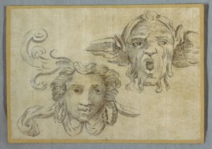 Masker met krans en oren; Masker met baard en oren van satyr