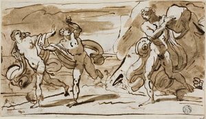 Polyphemus Gooiend met Rotsblokken naar de Vluchtende Aeis en Galatea (recto); Polyphemus Speelt Zijn Rietfluit voor Galatea (verso) door Felice Giani