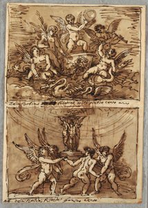 Putti in een wagen met dolfijnen en zwanen