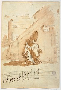 Recto: Drie muzikanten voor het Albergo Della Pace, 1810 door Felice Giani