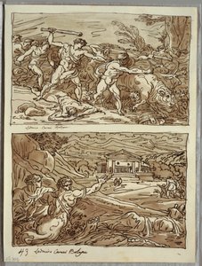 Remus verjaagt en doodt de rovers van de kuddes; Heiligdom voor de vluchtelingen op de Campidoglio, twee studies naar Carracci