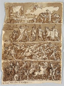 Schetsboekpagina: Geboorte van Alexander de Grote; Slag van Alexander en Darius; Triomf van Alexander