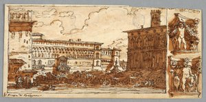 Schetsboekpagina, Folio 57: Studie na Piazza Emmanuelle in Bologna; Verso, architectonisch detail