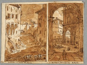Schetsboekpagina, folio 64: Studie naar Bolognese architectuur en beeldhouwkunst; verso: geometrische ontwerpen door Felice Giani