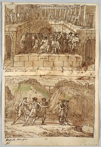 Schetsboekpagina, Folio 98: Twee schilderijen naar Caravaggio en Raphael; Verso: Adelaar en os