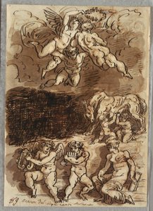 Drie putti met guirlande; Romulus en Remus die zogen bij de wolvin; Twee putti die cimbalen bespelen