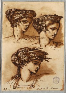 Drie studies van een hoofd met diadeem en gevlochten haar, naar Raphael door Felice Giani