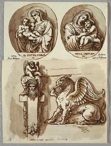 Twee tekeningen van de Madonna en Kind in ovalen, studies naar Giambologna en Alfonzo da Ferrero; Herm en Chimera, naar antiek door Felice Giani