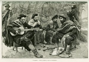 Een payador, duel in verzen van wandelende zangers. Gravure door Myrbach, ter illustratie van het verhaal 