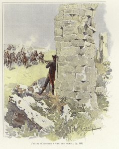 Een soldaat leunt tegen een verwoeste muur terwijl hij richt op de naderende aanval door Felicien baron de Myrbach Rheinfeld