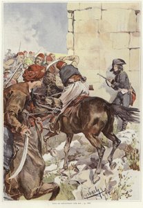 Een soldaat richt zijn geweer terwijl hij wordt aangevallen door Felicien baron de Myrbach Rheinfeld