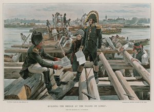 De brug bouwen op het eiland Lobau door Felicien baron de Myrbach Rheinfeld
