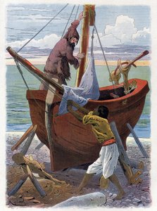 Robinson Crusoe en Vrijdag bouwen een boot.