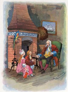 Robinson Crusoe vertelt zijn kinderen over zijn avonturen. Illustratie door Felician Myrbach voor het boek van Daniel Defoe Robinson Crusoe. Geen datum. Rond 1934 door Felicien baron de Myrbach Rheinfeld