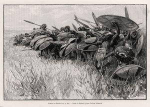 De aanval van de Massais. Gravure door Myrbach ter illustratie van het verhaal 