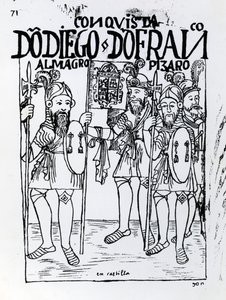Conquistadores Diego de Amagro en Francisco Pizarro verzoend in Castille door Felipe Huaman Poma de Ayala
