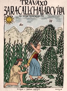 Inca Rijk: Inca boeren aan het werk op de velden in mei - Inkttekening uit het manuscript 