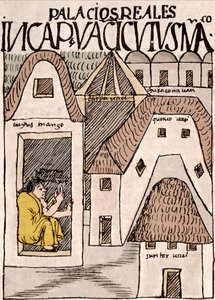 Inca Rijk: Tempels en paleizen in Cuzco, Peru - Inkttekening uit het manuscript “Nueva coronica y buen gobierno” door Don Felipe Puma de Ayala die het leven van de Inca