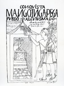 Manco Inca probeert het Inca-paleis van Cuyus Mango, dat was omgebouwd voor christelijke aanbidding, in brand te steken, maar God grijpt in door Felipe Huaman Poma de Ayala