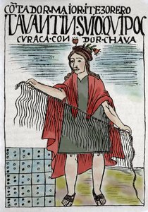 Quipu (Quipo Quipou) Inca boekhoudsysteem in touw en knopen, Inca cultuur 1400-1532 AD, manuscript door Felipe Guaman Puma de Ayala (Nueva Coronica y buen Gobierno), Indiaanse columnist van de 16e eeuw.