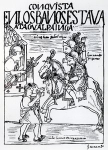 Sebastian de Benalcazar en Hernando Pizarro confronteren Atahualpa Inca bij de Koninklijke Baden in Cajamarca (houtsnede)