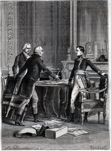 Eerste beraadslaging van de drie consuls in Peer-Luxembourg - Napoleon Bonaparte, Emmanuel Joseph Sieyes en Pierre Roger-Ducos 1799 - Gravure door Barbant, naar Philippoteaux - Eerste Consulaat, 24 Frimaire VIII (15 december 1799), eerste vergadering van h