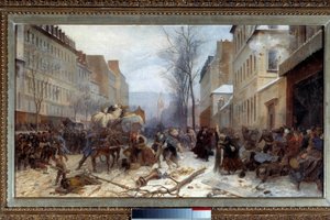 Scène van bombardement in Parijs door Pruisische legers in januari 1871 Oorlog van 1870-1871: het beleg van Parijs door het Pruisische leger. Schilderij door Henri Felix Philippoteaux (1815-1884). Dim. 0,46 x 0,81 m. 1871. Parijs, musee Carnavalet - Bombar