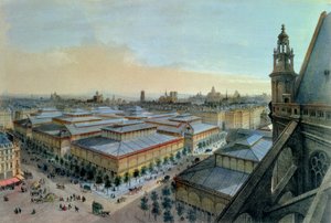 Uitzicht op Les Halles in Parijs vanaf de bovenste galerij van Saint Eustache, ca. 1870-80
