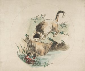 Decoratie voor een bord: een kat die een krab jaagt, 1850-1914