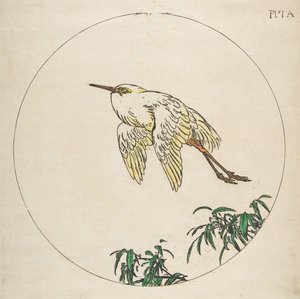 Decoratie voor een bord: Een reiger vliegt boven bamboetakken, 1850-1914 door Felix Bracquemond